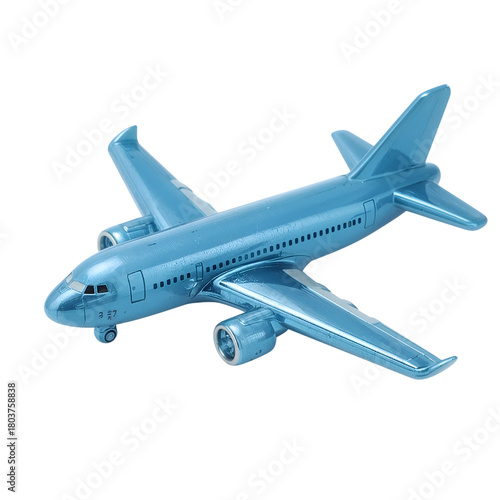 Shiny blue toy airplane isolated on the transparent background, miniature aircraft model, aviation collectible, modern childrens toy for travel and imagination