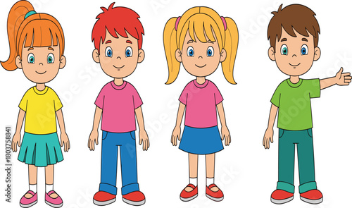 Cartoon children standing together, diverse kids illustration, colorful outfits, happy expressions, playful pose, educational content, character design, childhood diversity, fun scene
