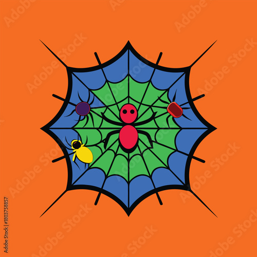 A vibrant and bold illustration of a spiderweb with a geometric, Aztec-inspired circular pattern, featuring a central red spider and other colorful bugs on a festive orange background for Halloween