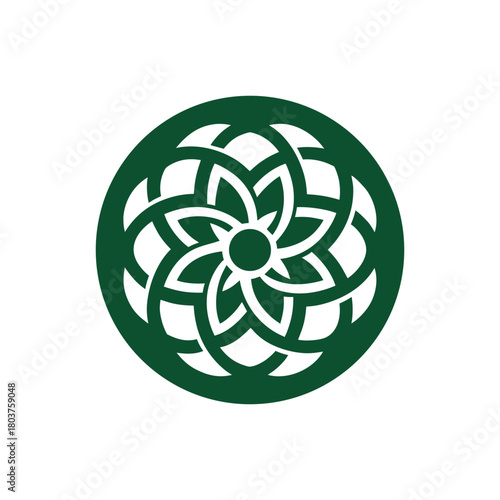 Symmetrical green floral mandala with interwoven Celtic knotwork, an elegant circular vector icon for a spiritual logo or decorative badge