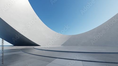 Fototapeta Naklejka Na Ścianę i Meble -  Abstract curved architecture background, Empty space with concrete floor, Futuristic modern building backdrop, 3d rendering