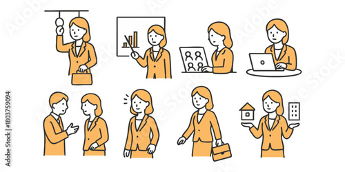 働く女性アイコンセット02（２色・フラットデザイン）	