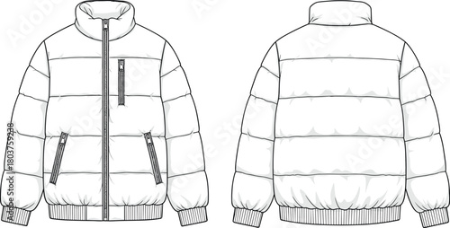 Illustration of puffer jacket technical fashion illustration isolated on front and back view of a quilted down coat with zipper closure and pockets vector sketch