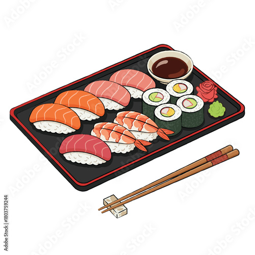 Raw fish sushi, shrimp sushi, and sushi rolls, wasabi, soy sauce on a plate with chopsticks.