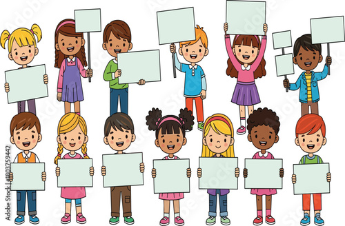 Cartoon children, blank signs, diverse group, colorful outfits, smiling kids, editable boards, school poster, 
