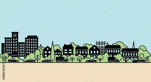 Cityscape illustration with buildings trees and transportation