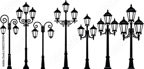 Illustration of a diverse collection of vintage streetlights isolated on, showcasing classic designs and ornate details against a clean backdrop, perfect for architectural illustrations