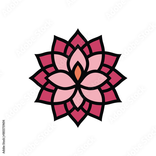 Stylized pink lotus flower icon in a geometric line art style. Vector illustration logo concept for yoga, spa, and wellness branding