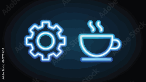 Neon gear and coffee cup icons glowing blue symbols for engineering and break time concepts isolated on dark background
