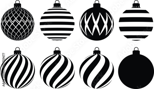 Illustration of set of eight black and white christmas ornaments with different patterns isolated on festive decorations for the holiday season