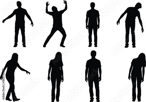 Illustration of silhouette of people in various poses isolated on collection of black human figures in different positions, standing, walking, and bending over
