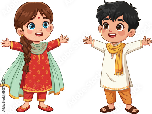 Cartoon children, traditional Indian clothes, cultural celebration, smiling kids, festive outfit, ethnic attire, happy pose, colorful costume, joyful expression, heritage illustration