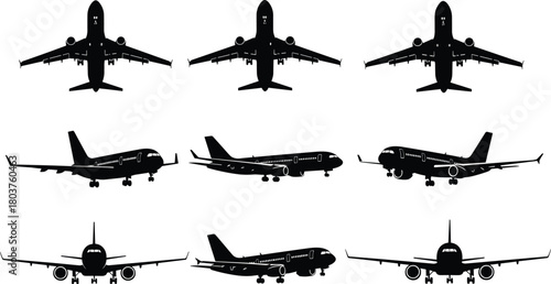 Illustration of aviation silhouettes isolated on showcasing a collection of airplane models in various angles, including front, side, and top views, black and white