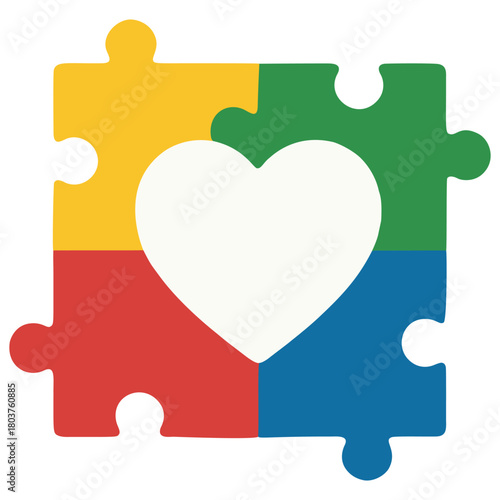 Autism awareness puzzle piece with heart symbol representing autism awareness, inclusion, acceptance, and community support