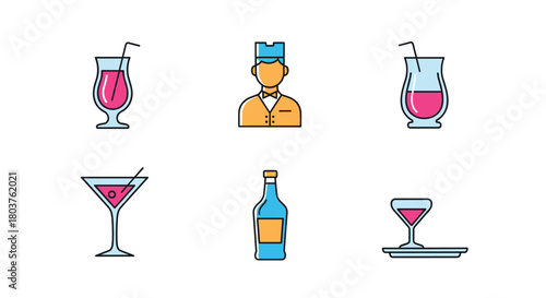 A collection of flat design icons representing cocktails alcoholic beverages and a bartender.