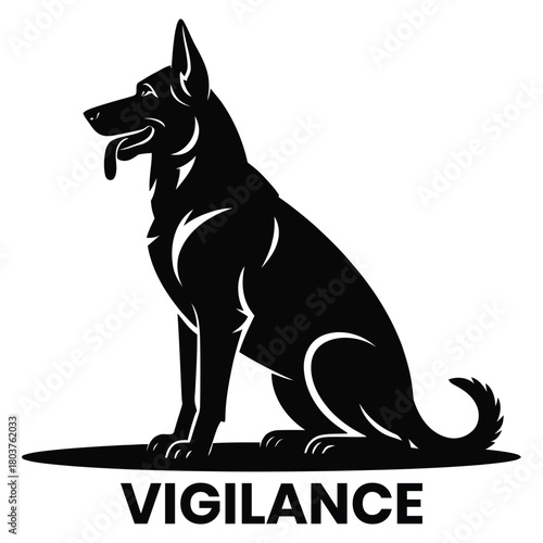 Sitting German Shepherd Dog Silhouette with Vigilance Text Keywords: dog, german shepherd