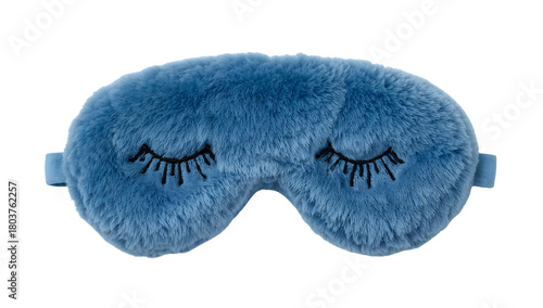 Plush blue sleep mask with embroidered eyelashes for comfort and relaxation, soft fluffy eye cover for restful sleep and light blocking