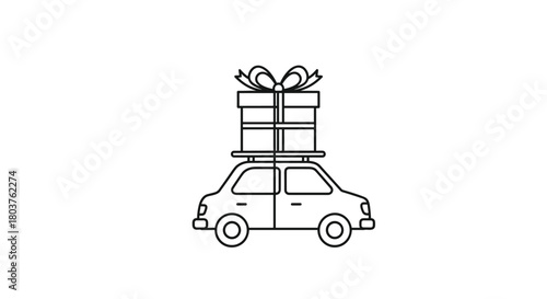 A car with a gift box on top as a symbol of delivery.