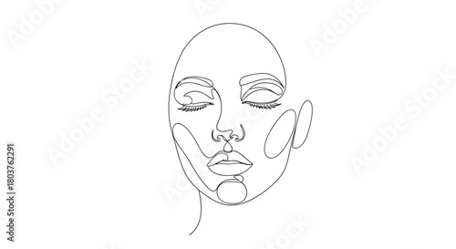 Minimalist line art drawing of a woman's face with closed eyes and soft blush details.