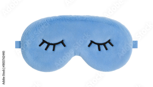 Soft blue plush sleep mask with cute closed eyes embroidery for comfort and relaxation isolated on the transparent background