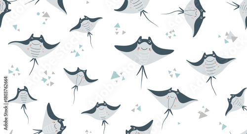 A whimsical pattern featuring numerous adorable manta rays swimming gracefully across a white background.