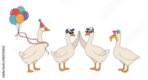 A group of playful cartoon geese celebrate a birthday, high-five, and enjoy a snack on a white background illustration.