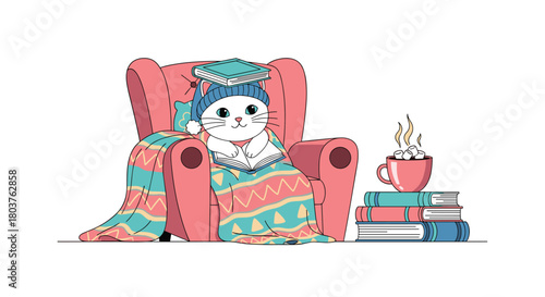 A cute white cat in a beanie reads a book while snuggled in a cozy armchair under a warm blanket, surrounded by books and hot cocoa.