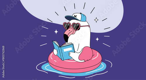 A stylish flamingo wearing heart-shaped sunglasses and a baseball cap enjoys a book while relaxing in a pink inflatable tube on water.