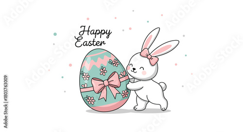 Sweet cartoon bunny with a pink bow happily hugs a decorated pastel Easter egg, featuring Happy Easter text and scattered dots.