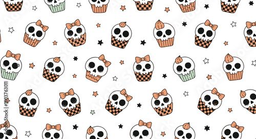 Cute Halloween seamless pattern featuring cartoon skull cupcakes adorned with bows and varied wrappers, perfect for spooky season designs.