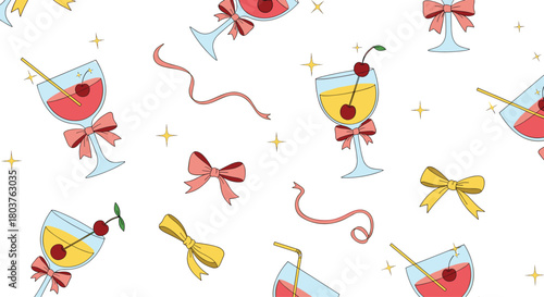 A festive seamless pattern featuring cartoon-style cocktail drinks, decorative bows, flowing ribbons, and sparkling elements on a white background.
