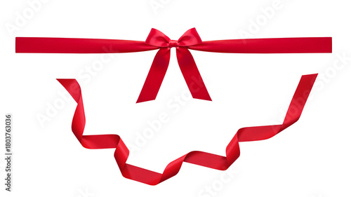 Wavy curve Tied red satin ribbon bow with wavy curve ribbon texture for decoration gift card design in celebrations or special holiday themes.realistic elements.Real photo materai