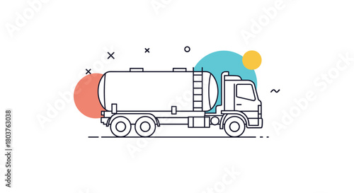 An outline illustration of a large fuel truck with colorful circles in the background.