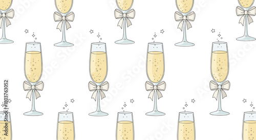Seamless pattern of elegant champagne glasses with bows filled with sparkling golden bubbly on a white background, perfect for celebrations.