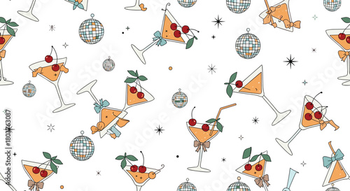 Playful seamless pattern featuring cocktails with cherries and bows, shiny disco balls, and shimmering stars on a white background.
