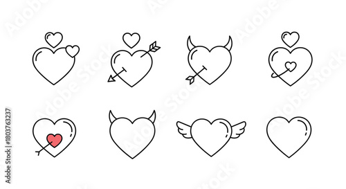 A collection of hand-drawn heart illustrations symbolizing love and affection with various playful elements.