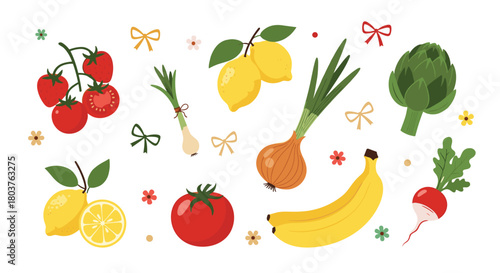 A vibrant and diverse collection of fresh fruits and vegetables in a cheerful flat design style, perfect for promoting healthy eating and cooking.