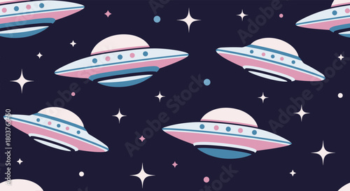 Whimsical pixel art flying saucers and twinkling stars in a cosmic night sky.