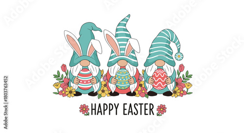 Three cute Easter gnomes with bunny ears and hats, holding colorful eggs among spring flowers, wishing a Happy Easter.