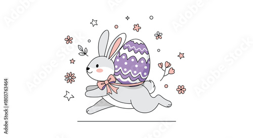 A cute cartoon Easter bunny with a pink bow carries a decorated purple egg on its back, running amidst festive spring flowers and stars.