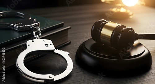 A gavel rests on its sound block next to handcuffs and a law book, symbolizing justice and legal proceedings.