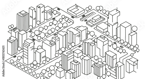 Isometric city illustration with buildings roads and trees view