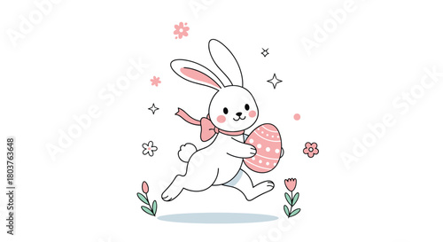 Cute cartoon Easter bunny with a pink bow happily running and holding a decorated pink egg, surrounded by flowers and sparkles.