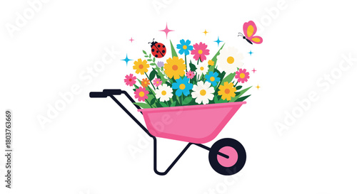 A vibrant pink wheelbarrow filled with colorful spring and summer flowers, a charming ladybug, a fluttering butterfly, and sparkling accents.
