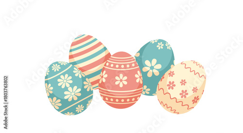 Five beautifully decorated Easter eggs in various pastel colors and patterns, including stripes, dots, and flowers, are arranged for a festive spring celebration.