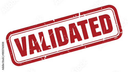 Red validated rubber stamp effect grunge square seal with text isolated on white background