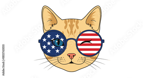 A charming ginger tabby cat wearing unique round sunglasses with an American flag design, winking playfully to celebrate patriotism.