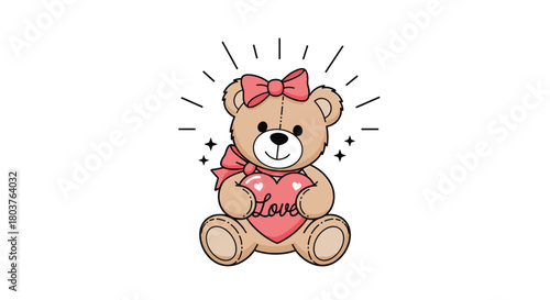 Sweet cartoon teddy bear, adorned with pink bows, happily holding a sparkling pink heart with the word \.