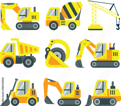 Construction vehicle illustration set featuring excavator, cement mixer, crane, dump truck, forklift, bulldozer, road cutter, heavy machinery icons collection