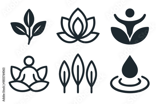 Holistic Wellness, Nature, and Spa Icons Set - Lotus Flower, Leaves, and Meditation Symbols